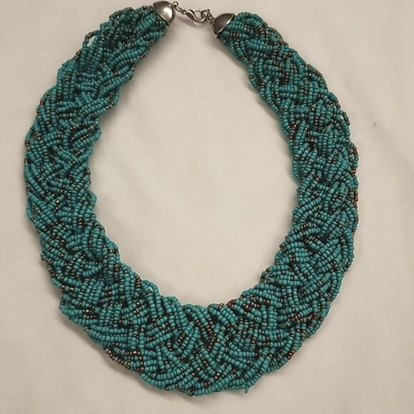 Turquoise Braided Seed Bead Collar Necklace 16x1.5 In. Euro Summer Resortwear - Picture 1 of 8